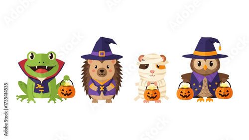 Halloween Costume Animals: A whimsical group of animal friends, dressed in playful halloween costumes, stands ready for trick-or-treating with their pumpkin buckets.
