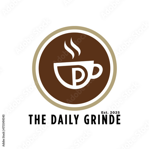 The Daily Grinde - logo incorporates a coffee cup silhouette with a steam plume that subtly forms a "D" for "Daily." The overall feel is modern and clean, with a touch of warmth.