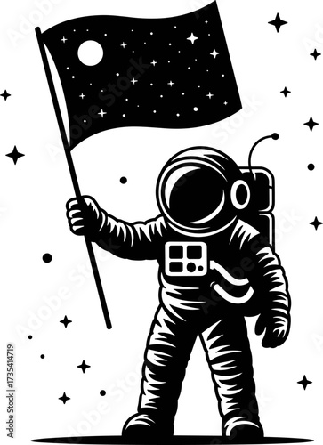 Astronaut plants a flag on a distant planet symbolizing discovery and exploration of the cosmos and the vastness of space