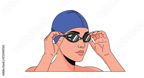 Focused swimmer preparing for competition, adjusting goggles with intent look anticipation swim meet getting ready for the big race championship