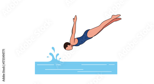 Stylized illustration of a female swimmer diving into a pool with splashes, conveying athleticism and precision in a minimalist design suitable for