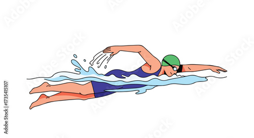 Illustration of a skilled swimmer in motion with splashing water, showcasing athleticism and precision in an active sports concept