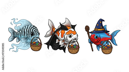 Tricks and Treats Undersea: Three whimsical fish, each in a creative Halloween costume, swim joyfully with overflowing baskets, perfectly encapsulating the festive spirit of Halloween. 