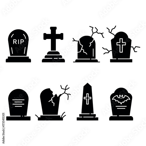 Tombstone Icon Set - Halloween Graveyard Vector Illustration