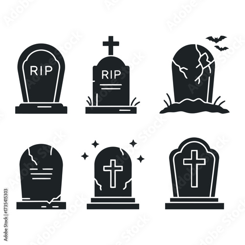 Tombstone Icon Set - Halloween Graveyard Vector Illustration