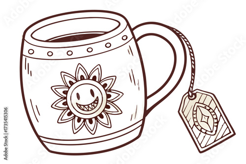 Mug with a smiling sun design and tea bag