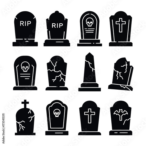Tombstone Icon Set - Halloween Graveyard Vector Illustration