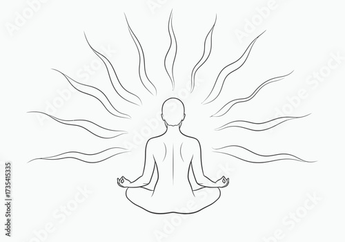 A person in lotus position meditating light rays emanating their head
