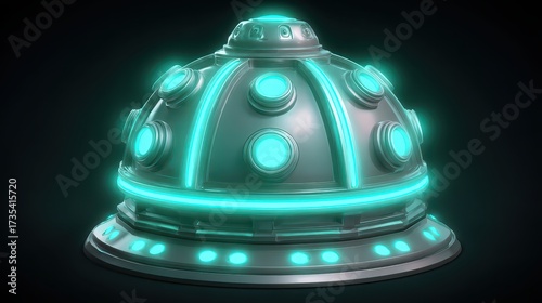 A futuristic UFO spaceship glowing with teal lights