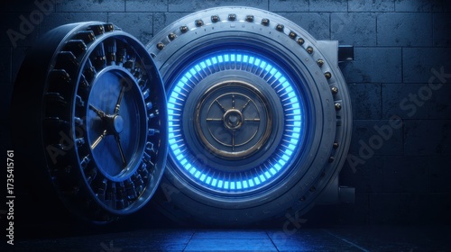 A futuristic vault door with a glowing blue light