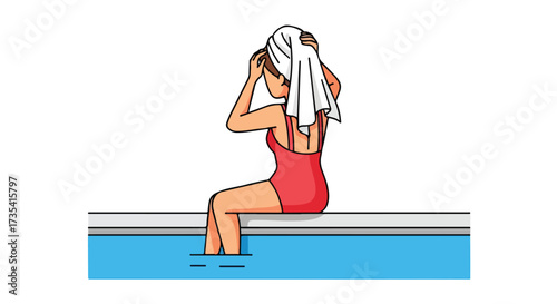 Cartoon woman drying her hair with towel by the poolside after swimming session at the aquatic center in summer season atmosphere
