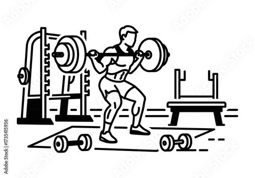 A man is doing squats a barbell in a gym, strength fitness