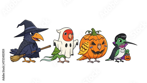 Halloween Birds: A delightful collection of uniquely-costumed birds, each embodying the spirit of Halloween. A crow as a witch, a parrot ghost, a pumpkin-themed parakeet.