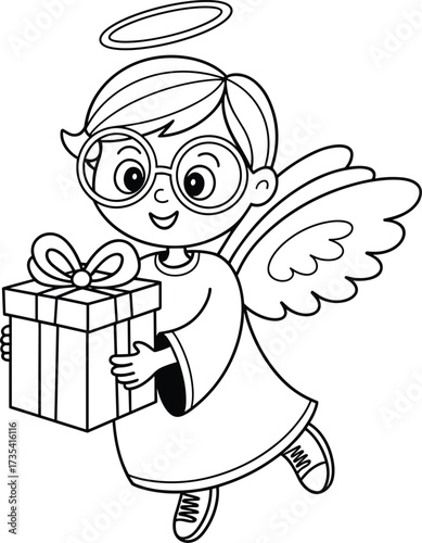 Cute cartoon angel with glasses holding a gift box child present