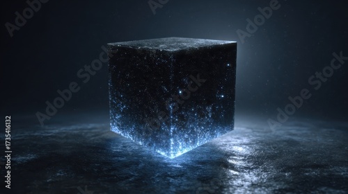A Glowing Futuristic Cube in a Dark Cosmic Space