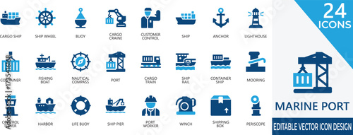 A professional vector icon set representing marine ports, shipping, logistics, and cargo operations. Perfect for apps, websites, presentations, and stock platforms needing clear maritime visuals.