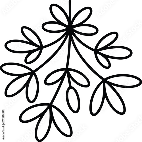 Black line drawing of mistletoe sprig with oval leaves plant leaf