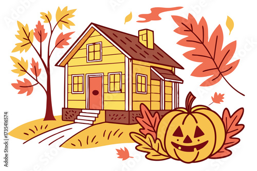 Cartoon house with pumpkin and autumn leaves on a hill