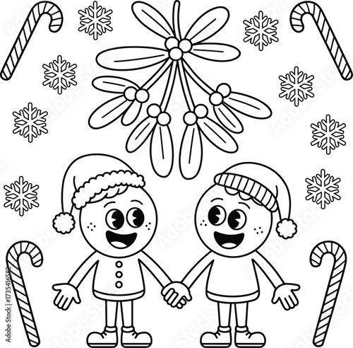 Two cartoon children holding hands wearing Santa hats with mistletoe and candy canes