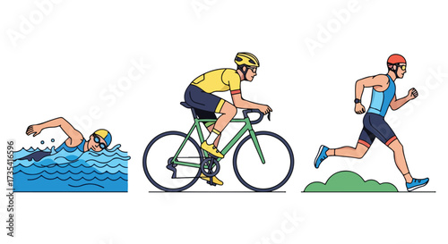 Triathlon stages showcasing swimming, cycling, and running disciplines, demonstrating endurance sport and athleticism progression
