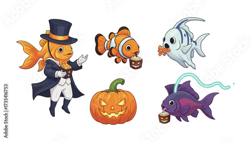 Whimsical Halloween Fish: A playful collection of cartoonish fish dressed in festive Halloween costumes, including a dapper goldfish in a top hat.
