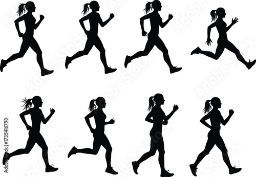 Running woman silhouette, jogging female figure, athletic workout, fitness training, healthy lifestyle, sport exercise, marathon runner, black silhouette illustration