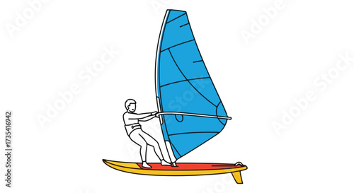 Dynamic line illustration showcasing a windsurfer gliding across the water with a vibrant blue sail capturing the essence of the sport