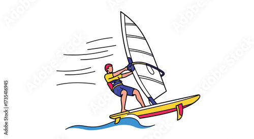 Dynamic windsurfing illustration, conveying summer adventure and the spirit of water sports, perfect for graphic designs and leisure activities