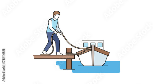 Illustration depicting a man pulling a boat towards a wooden dock using a thick rope in a nautical setting