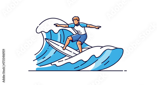 Surfer carving through a stylized wave, embodying the thrill and freedom of watersports activity, capturing the essence of summer lifestyle and