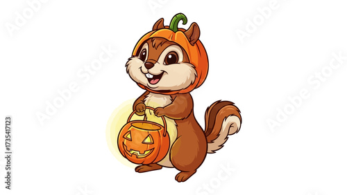 Halloween Chipmunk with Pumpkin: A charming chipmunk dressed in a pumpkin costume carries a jack-o'-lantern bucket, perfect for Halloween season.