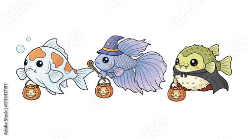 Spooky Aquarium: A trio of whimsical cartoon fish, adorned in Halloween attire, floats playfully, each clutching a pumpkin bucket, evoking the festive spirit of the season.
