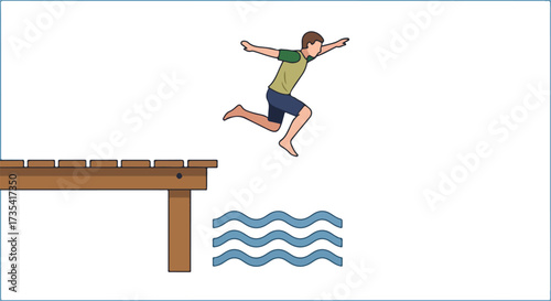 Stylized Image of a Person Leaping from a Wooden Dock into Blue Water with White Background 78 characters