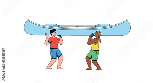 Two friends carrying a light blue canoe overhead in a playful display of collaborative teamwork and outdoor recreation on white background