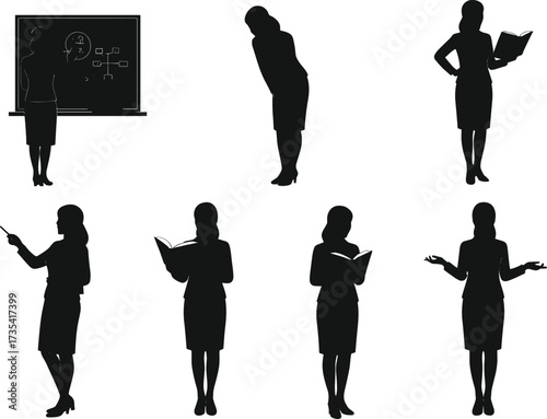 Silhouette woman teacher, classroom presentation, book reading, chalkboard diagram,