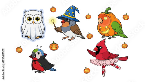 Magical Halloween Bird Extravaganza: A whimsical assortment of creatively adorned birds, each embodying a unique Halloween persona.