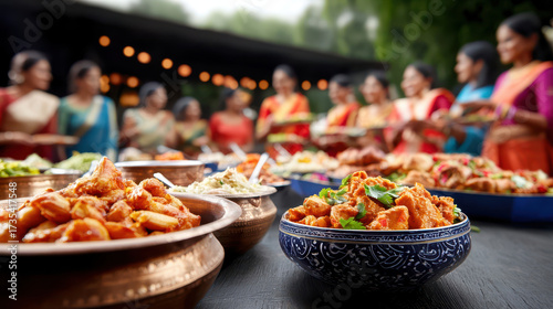 Delicious Indian cuisine displayed in vibrant bowls, surrounded by women in traditional attire enjoying festive gathering