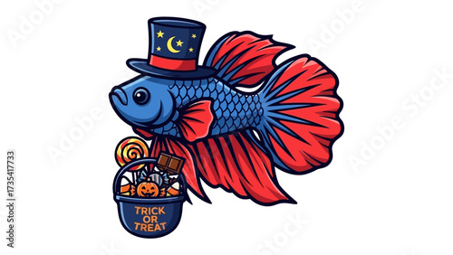 Halloween Betta Fish: A whimsical illustration of a betta fish adorned in a festive hat and carrying a trick-or-treat basket, celebrating the spirit of Halloween.