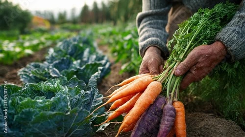 A person harvesting fresh carrots from a vegetable garden, holding orange and purple carrots with leafy greens.