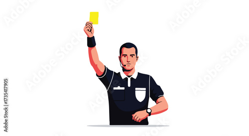 Illustrated soccer referee raising a yellow card with serious expression conveying penalty or warning during game indicating fair play enforcement