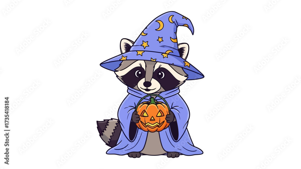Naklejka premium Raccoon in wizard costume with pumpkin: A cute raccoon in wizard robes and a hat adorned with stars and moons, holding a carved pumpkin.