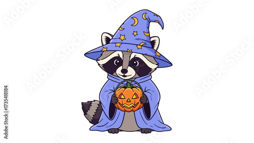 Raccoon in wizard costume with pumpkin: A cute raccoon in wizard robes and a hat adorned with stars and moons, holding a carved pumpkin.