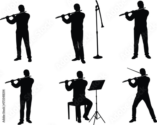 Silhouette flute players, standing and seated musicians, flute with microphone, music stand,