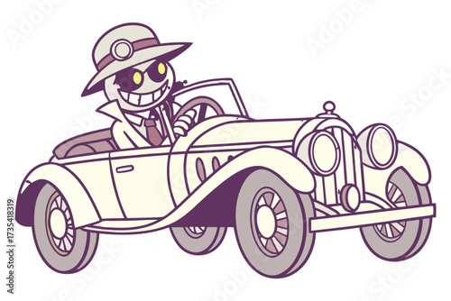 Cartoon character driving a vintage car
