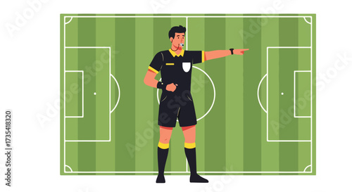 Focused soccer referee signaling with field backdrop, ensuring fair play and strategic gameplay within the match setting illustration