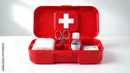 Open Red First Aid Kit with Essential Medical Supplies for Emergencies on White Background