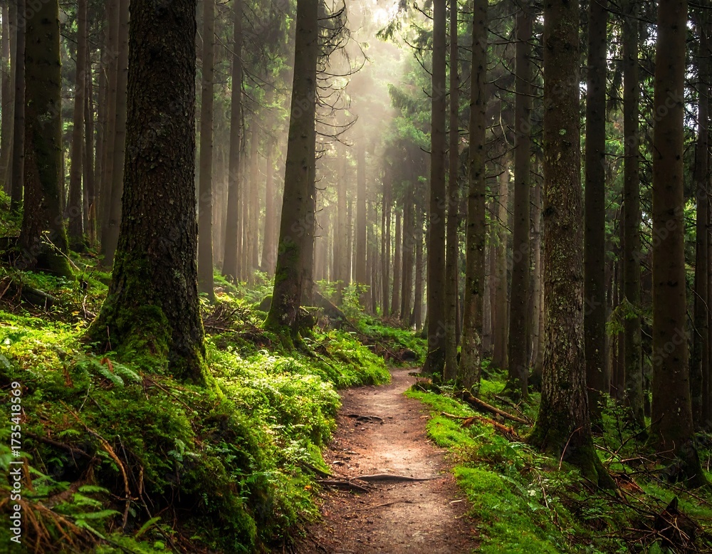 Obraz premium Forest Path Sunlight Nature.