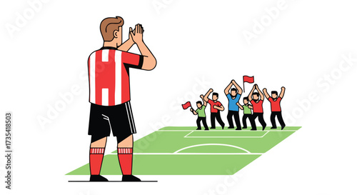 Soccer player applauding fans after winning a match expressing his gratitude, with supporters waving flags and cheering on the soccer field to