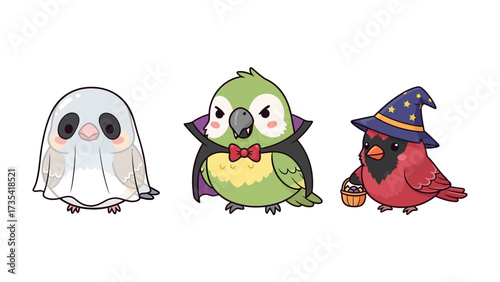 Halloween Parrot Party: A playful collection of three charming birds dressed in delightful Halloween costumes, perfectly suited for festive greetings and cheerful holiday celebrations.