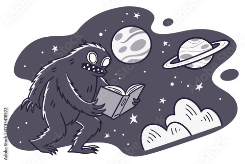 A furry monster reads a book in outer space with planets and stars